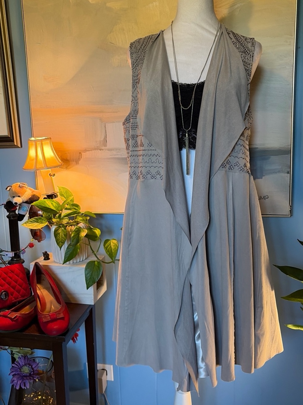 Vocal Taupe Asymmetrical Draped Sleeveless Vest Dress